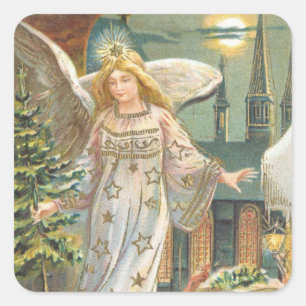 Vintage Christmas, Victorian Angel with Tree Square Sticker