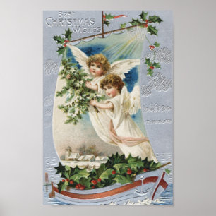 Vintage Christmas, Victorian Angels in a Sailboat Poster