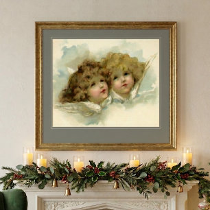 Vintage Christmas, Victorian Angels in the Clouds Poster
