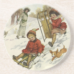 Vintage Christmas, Victorian Children Sledding Dog Coaster