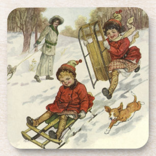 Vintage Christmas, Victorian Children Sledding Dog Coaster