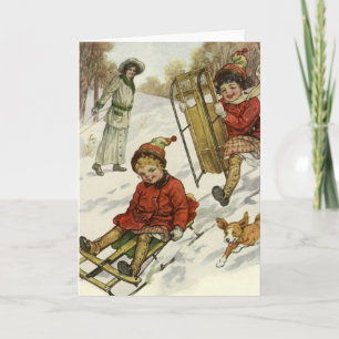 Vintage Christmas, Victorian Children Sledding Dog Holiday Card