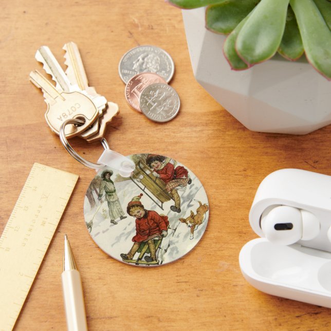 Vintage Christmas, Victorian Children Sledding Dog Keychain (Desk)