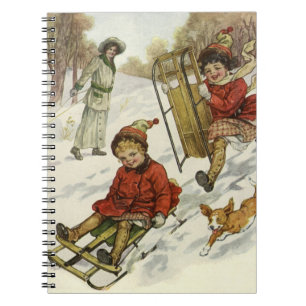 Vintage Christmas, Victorian Children Sledding Dog Notebook