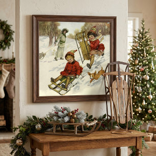 Vintage Christmas, Victorian Children Sledding Dog Poster