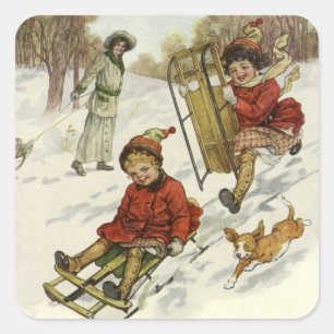 Vintage Christmas, Victorian Children Sledding Dog Square Sticker