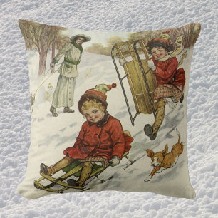 Vintage Christmas, Victorian Children Sledding Dog Throw Pillow