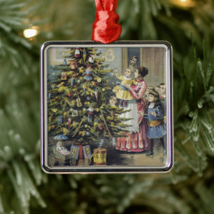 Vintage Christmas, Victorian Family Around Tree Metal Ornament