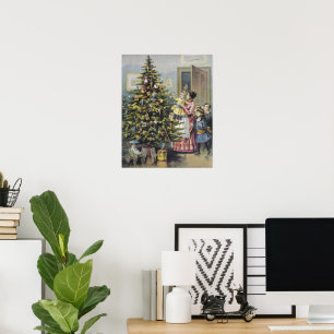 Vintage Christmas, Victorian Family Around Tree Poster
