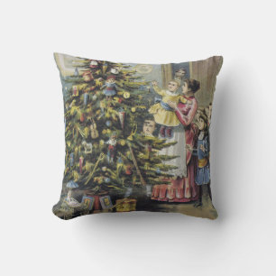 Vintage Christmas, Victorian Family Around Tree Throw Pillow