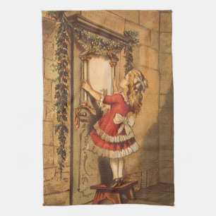 Vintage Christmas Victorian Girl Hanging a Garland Kitchen Towel