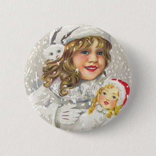 Vintage Christmas Victorian Girl with Doll in Snow 2 Inch Round Button