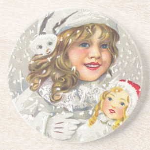 Vintage Christmas Victorian Girl with Doll in Snow Coaster