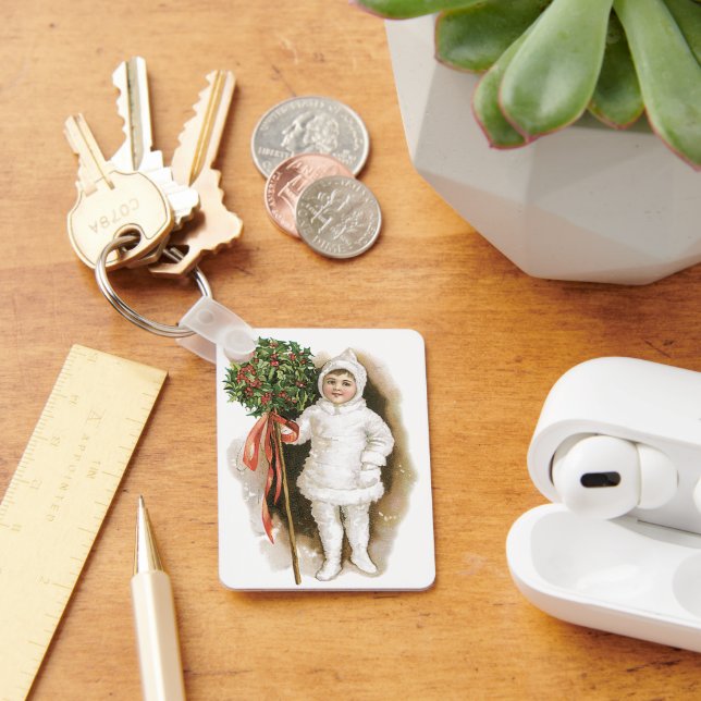 Vintage Christmas, Victorian Girl with Holly Keychain (Desk)
