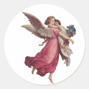 Vintage Christmas, Victorian Guardian Angel Classic Round Sticker