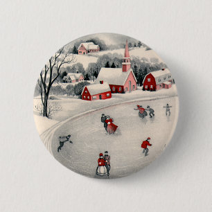 Vintage Christmas, Victorian Ice Skaters on Pond 2 Inch Round Button