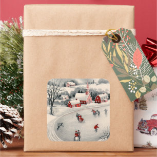 Vintage Christmas, Victorian Ice Skaters on Pond Square Sticker