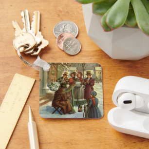 Vintage Christmas, Victorian Musicians Play Music Keychain