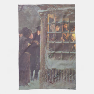 Vintage Christmas, Victorian People at a Party Kitchen Towel