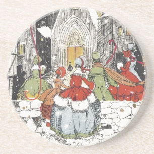 Vintage Christmas Victorian People Going to Church Coaster