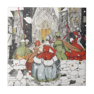 Vintage Christmas Victorian People Going to Church Tile