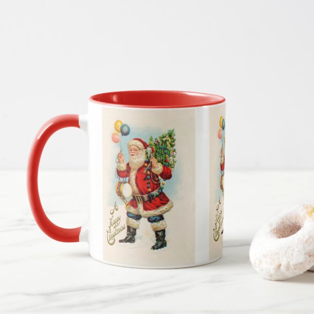 Vintage Christmas, Victorian Santa Claus Balloons Mug (With Donut)