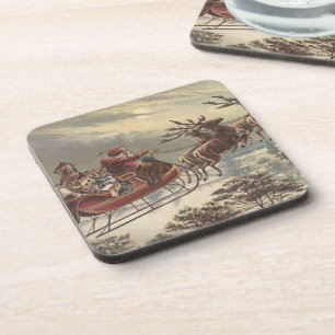Vintage Christmas, Victorian Santa Claus in Sleigh Coaster