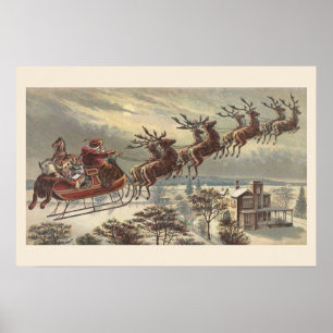 Vintage Christmas, Victorian Santa Claus in Sleigh Poster