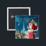 Vintage Christmas Victorian Santa Claus on Chimney 2 Inch Square Button<br><div class="desc">Vintage illustration Christmas holiday design featuring a Victorian Santa Claus on a rooftop about to go down the chimney. The reindeer and sleigh are on the roof waiting. A beautiful church is in the background with stars and the moon in the blue night sky.</div>