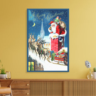 Vintage Christmas Victorian Santa Claus on Chimney Canvas Print