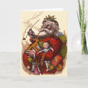 Vintage Christmas, Victorian Santa Claus Pipe Toys Holiday Card