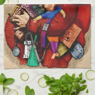 Vintage Christmas, Victorian Santa Claus Pipe Toys Kitchen Towel