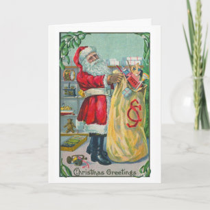 Vintage Christmas, Victorian Santa Claus with Toys Holiday Card