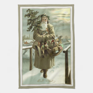 Vintage Christmas, Victorian Santa Claus with Toys Kitchen Towel