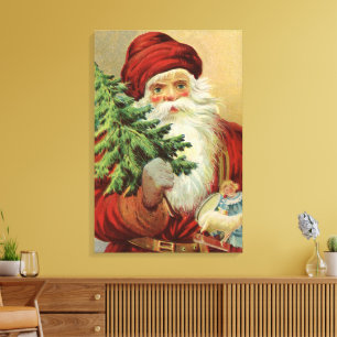 Vintage Christmas, Victorian Santa Claus with Tree Canvas Print