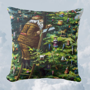 Vintage Christmas, Victorian Santa Claus with Tree Throw Pillow