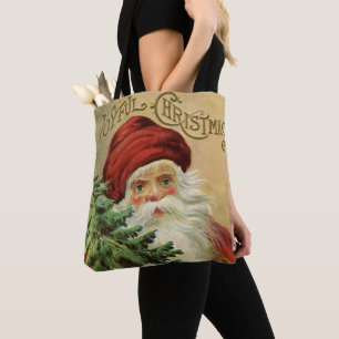 Vintage Christmas, Victorian Santa Claus with Tree Tote Bag