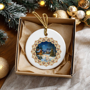 Vintage Christmas Village Doily Ceramic Ornament