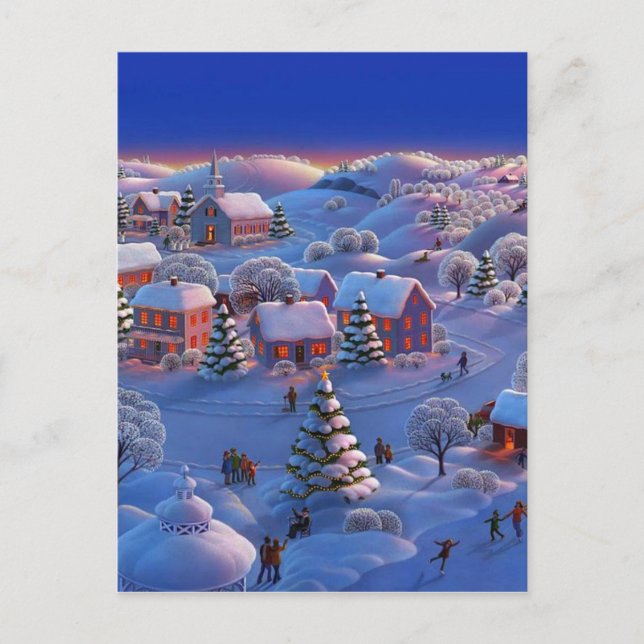 Vintage Christmas Village Holiday Postcard (Front)
