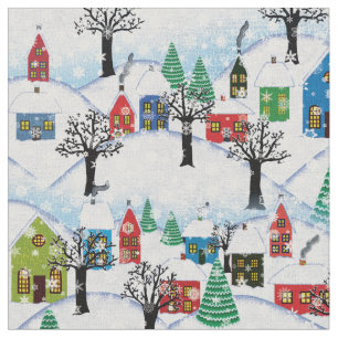 Vintage Christmas Village Houses Trees Pattern Fabric