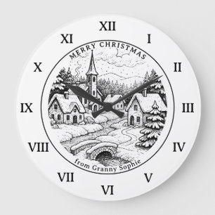 Vintage Christmas Village in Winter - Roman Number Large Clock