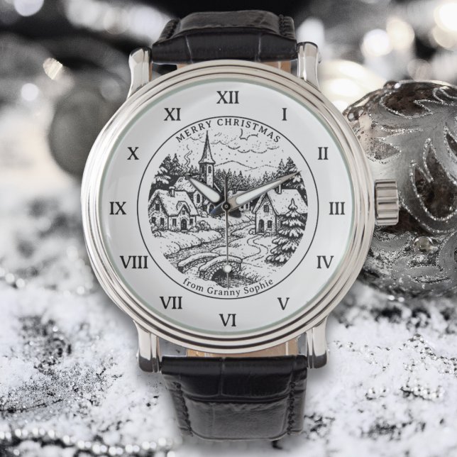Vintage Christmas Village in Winter - Roman Number Watch (Creator Uploaded)