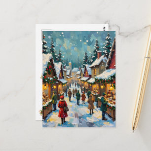 Vintage Christmas Village Market   Festive Winter  Postcard