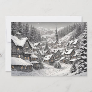 Vintage Christmas Village on a Snowy Night Holiday Card