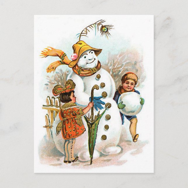 Vintage Christmas Village Snowman Holiday Postcard (Front)