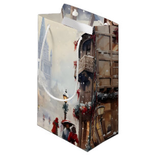 Vintage Christmas Village Street Holiday Small Gift Bag