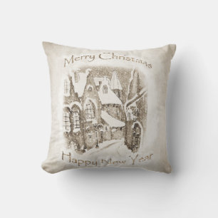 Vintage Christmas Village with Snow Throw Pillow