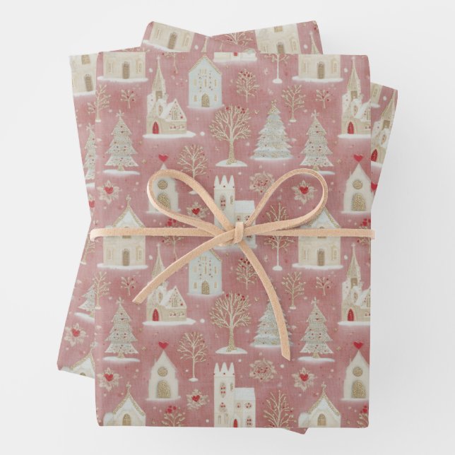 Vintage Christmas Village Wrapping Paper (In situ)
