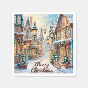Vintage Christmas Watercolor Fairytale Street Napkin