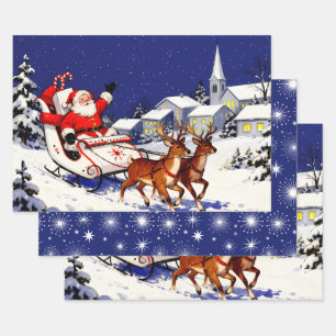 Vintage Christmas Waving Santa and Reindeer Scene Wrapping Paper Sheet